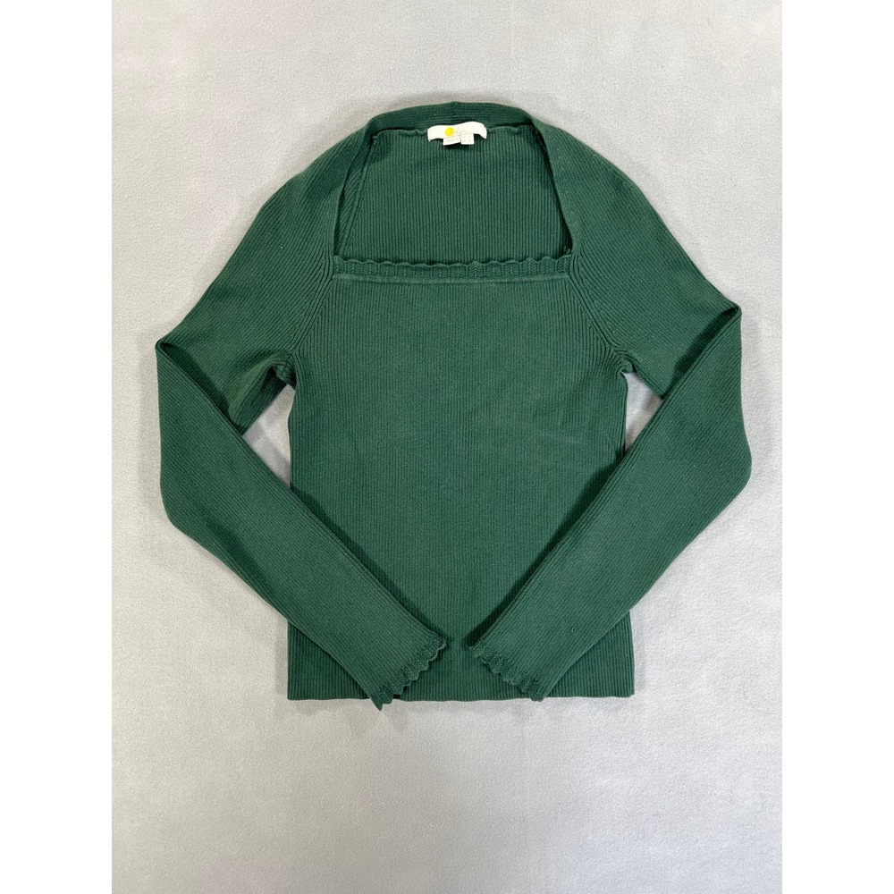 Boden Green Rib Knit Square Neck Scalloped Top Long Sleeve Feminine Fall Office
